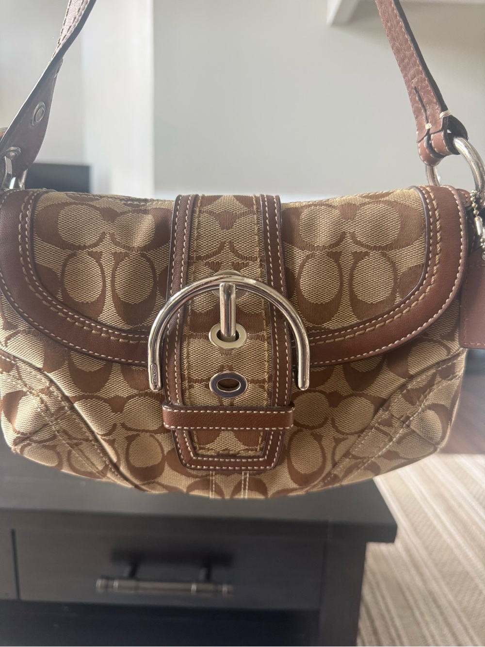 Coach Tan and Brown Signature Canvas Shoulder Bag with Leather Trim